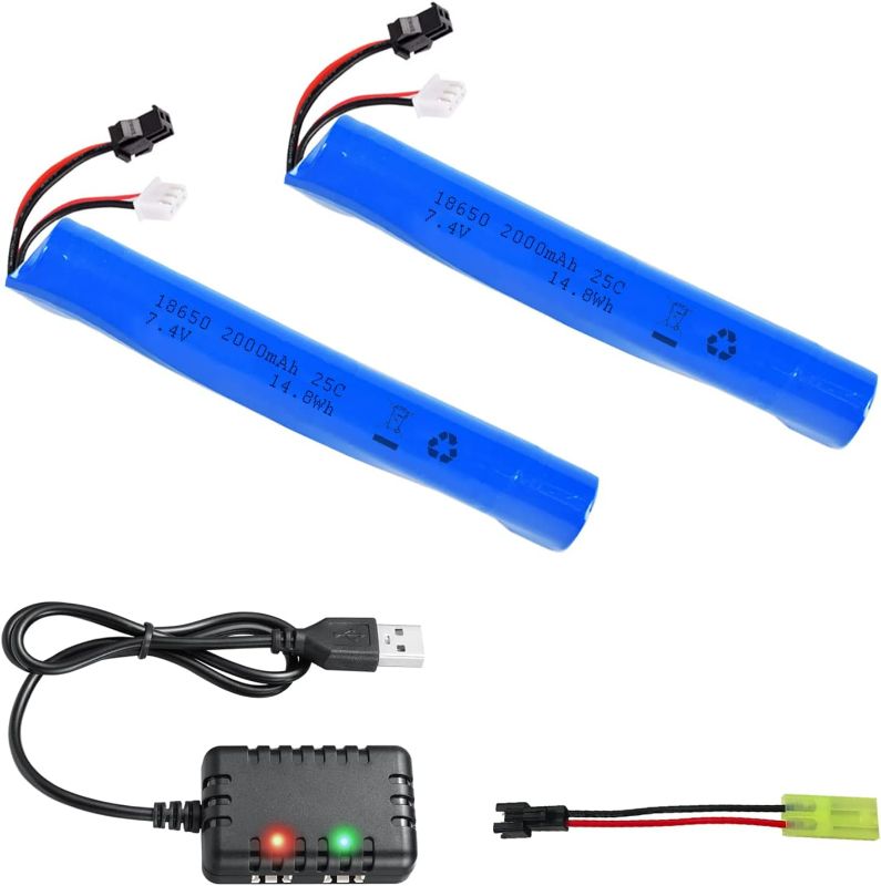 Photo 1 of Airsoft Battery 7.4V 2000mAh SM2P Plug with 1to2 USB Charger Gel Blaster Battery Compatible with SRB1200, SRB400, SRB400-SUB, MP5K, M4 and M110 Water Bead Blaster 2Pack