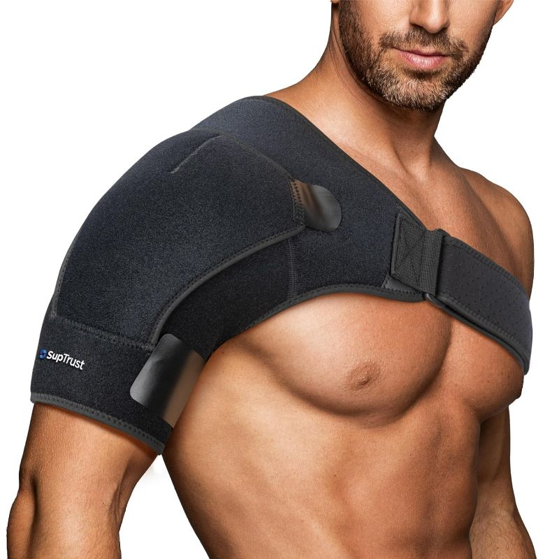 Photo 1 of Suptrust Recovery Shoulder Brace for Men and Women, Shoulder Stability Support Brace, Adjustable Fit Sleeve Wrap, Relief for Shoulder Injuries and Tendonitis, One Size Regular, Dark Black
