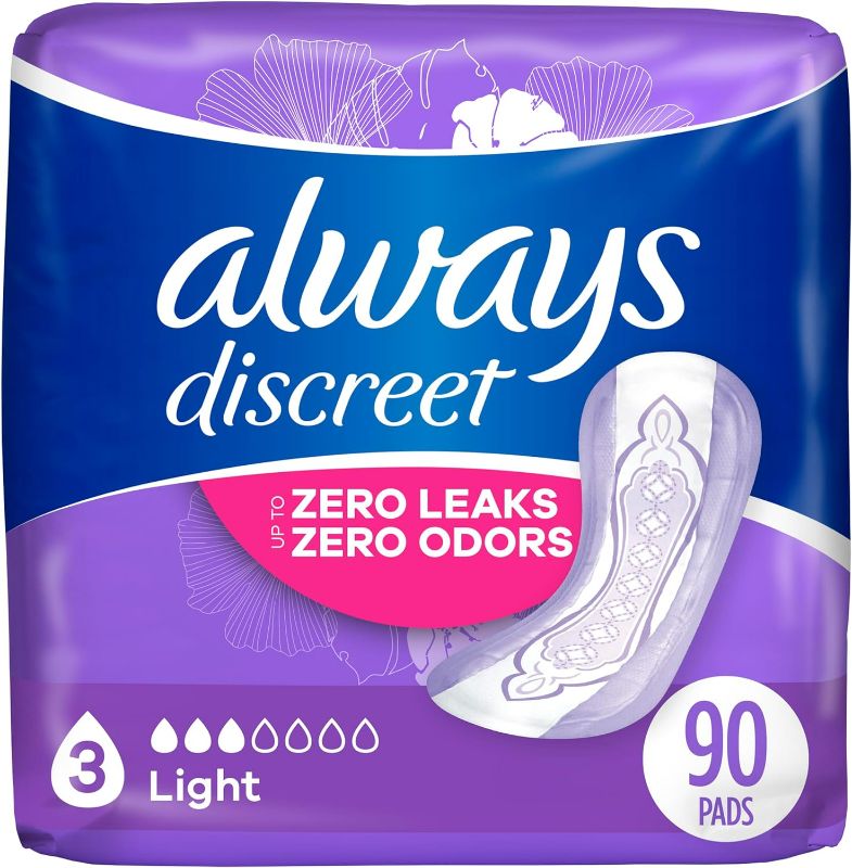 Photo 1 of Always Discreet Adult Incontinence Pads for Women, Light Absorbency, Regular Length, Postpartum Pads, 30 Count x 3 Packs (90 Count Total)