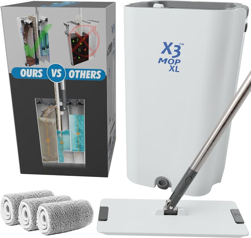 Photo 1 of X3 Mop XL, Separates Dirty and Clean Water, 3-Chamber Design, Flat Mop and Bucket Set, Hands Free Home Floor Cleaning, 3 Reusable Microfiber Mop Pads Included