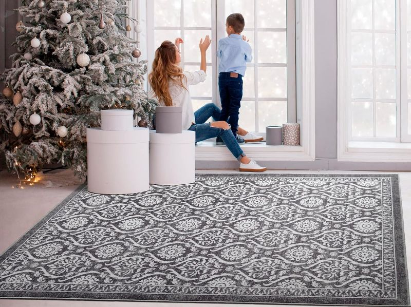 Photo 1 of Antep Rugs Alfombras Non-Skid (Non-Slip) 2x4 Rubber Backing Floral Geometric Low Profile Pile Kitchen Area Rugs (Navy Blue, 2'3" x 4')
