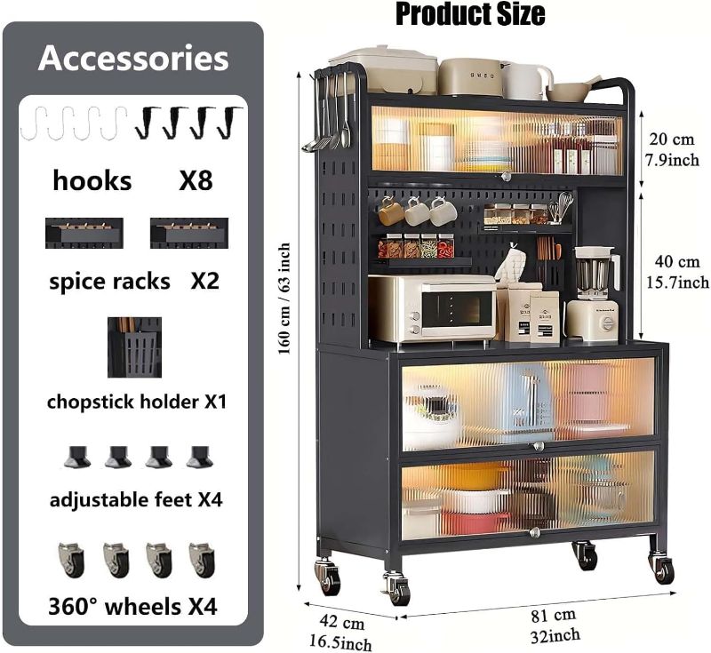 Photo 2 of 5-Tier Bakers Rack for Kitchen, Kitchen Storage Cabinets with Flip Door, Microwave Stand with Storage, for Kitchen Hutch, Home, Office, Pantry, Garage, Black