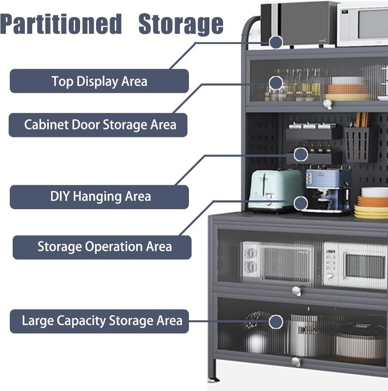 Photo 3 of 5-Tier Bakers Rack for Kitchen, Kitchen Storage Cabinets with Flip Door, Microwave Stand with Storage, for Kitchen Hutch, Home, Office, Pantry, Garage, Black