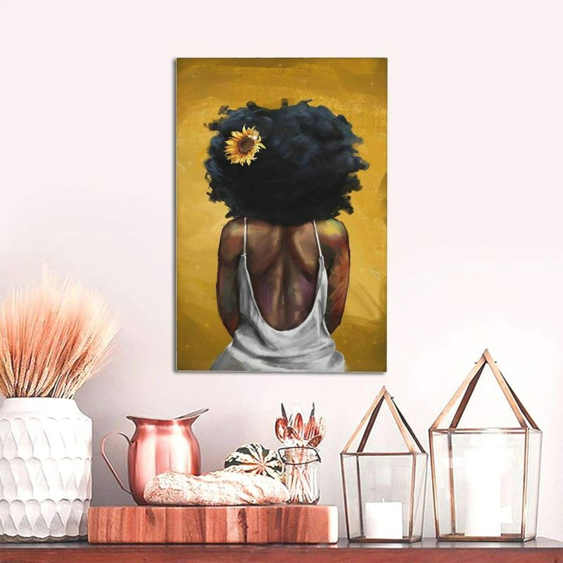 Photo 1 of HANKCLES African American Wall Art Sunflower Black Woman Canvas Print Yellow Black And white Painting Abstract Black Art Home Decor For Bathroom Living Room Bedroom Framed Ready To Hang 12x18 Inch