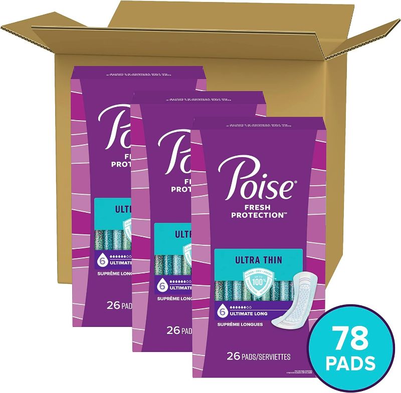Photo 1 of Poise Ultra Thin Incontinence Pads & Postpartum Incontinence Pads, 6 Drop Ultimate Absorbency, Long Length, 78 Count (3 Packs of 26) Packaging May Vary