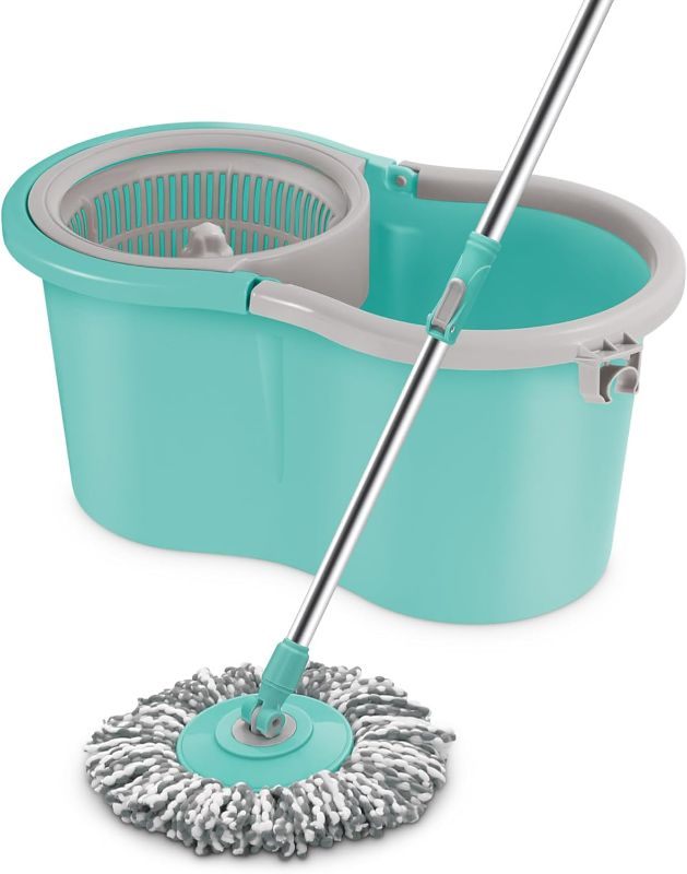 Photo 1 of Spotzero by Milton Spin mop and Bucket with Wringer, Extendable Handle 360 Spin mops for Floor Cleaning, 1 Microfiber Refills, Aqua Green, Ace Spin Mop