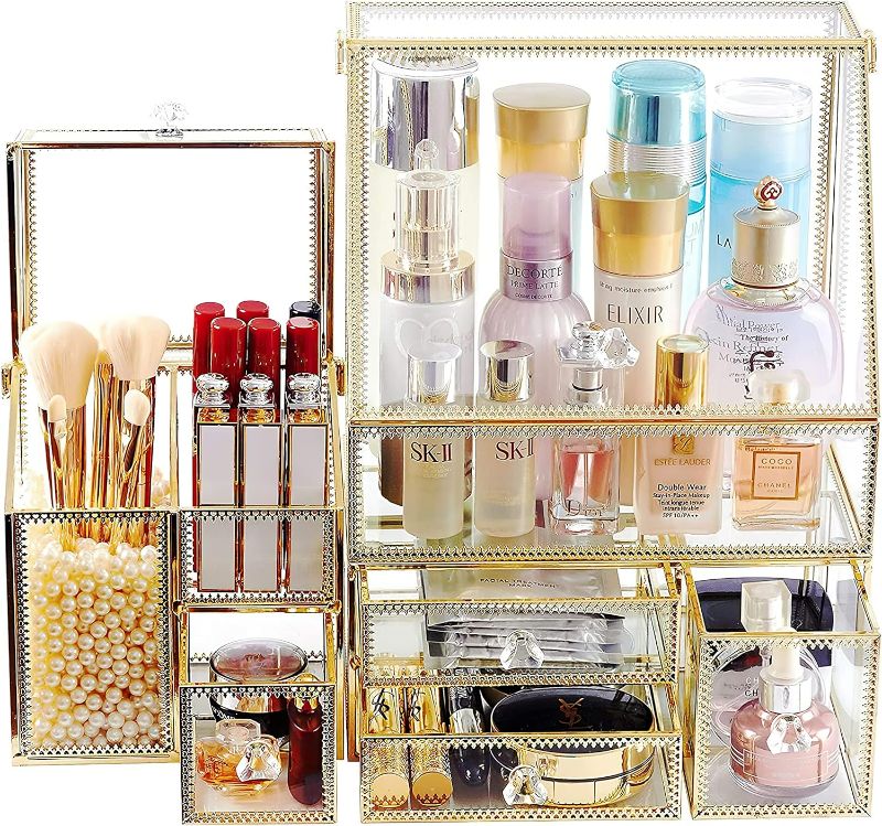 Photo 1 of Large Glass Makeup Organizer Drawer Set Beauty Storage Bathroom Counter Organizer Cosmetic Display (11.5inx8.5inx5.5in)