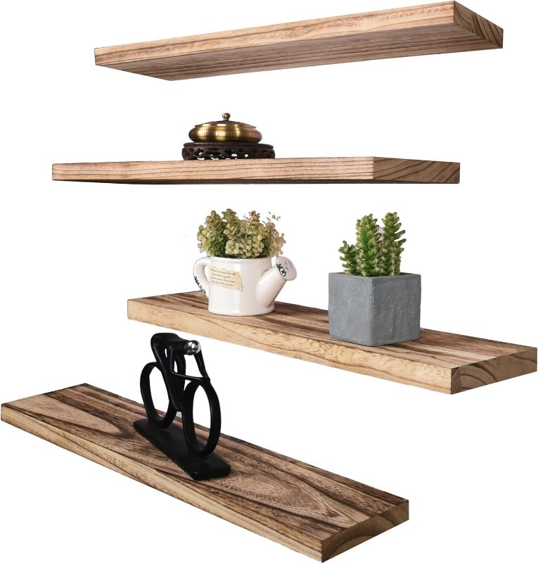 Photo 1 of 24 Inch Rustic Floating Shelves for Wall Decor Farmhouse Wood Wall Shelf for Bathroom Kitchen Bedroom Living Room Set of 4 Light Brown