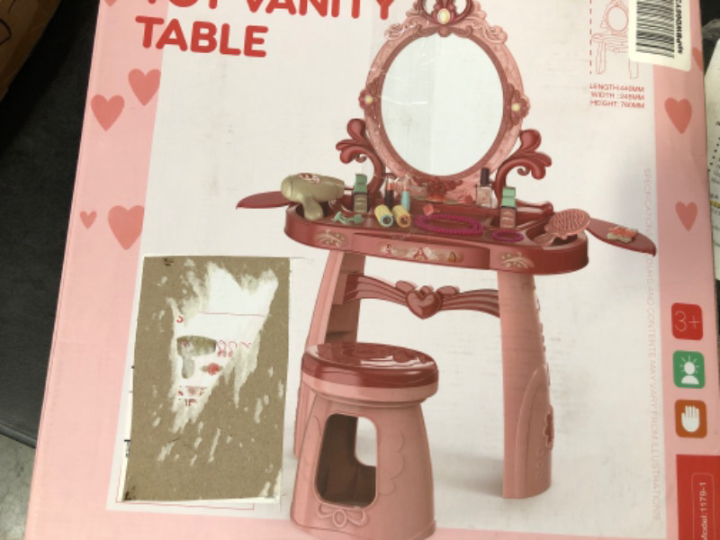 Photo 3 of Toddler Vanity Makeup Table with Mirror and Chair, Open Doors by Gestures,Toddler Kids Vanity Set with Music Sound & Light Magic and Accessories, Girls Vanity for Toddlers 3-5 Years Old