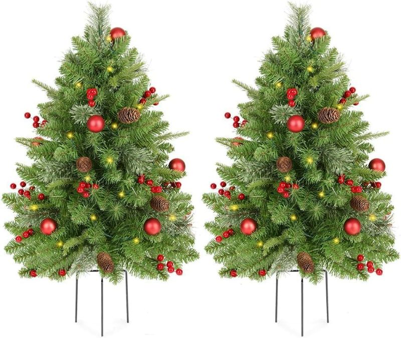 Photo 1 of KING BIRD 2 Set 30 Inch Outdoor Christmas Tree, Pre-Lit LED Christmas Porch Decorations Outdoor Tree, 260 Branch Tips Lush, Pine Cones, Red Berries and Red Ball