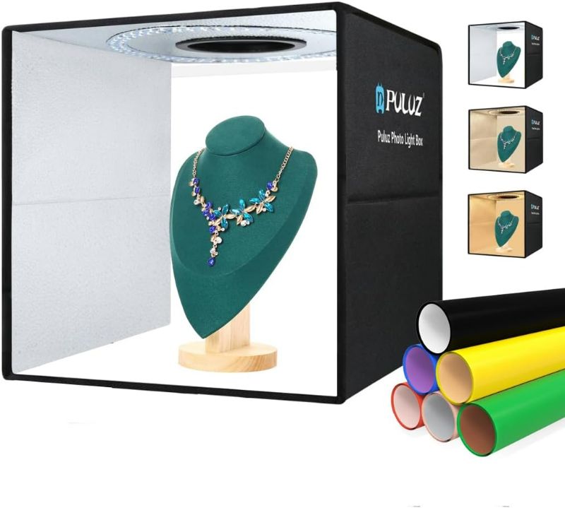 Photo 1 of PULUZ Light Box for Photography 16"x16" Portable Photo Studio Lightbox Folding Photo Box, Adjustable White/Soft/Warm Light with Soft Light Cloth &12 Colors Backdrops