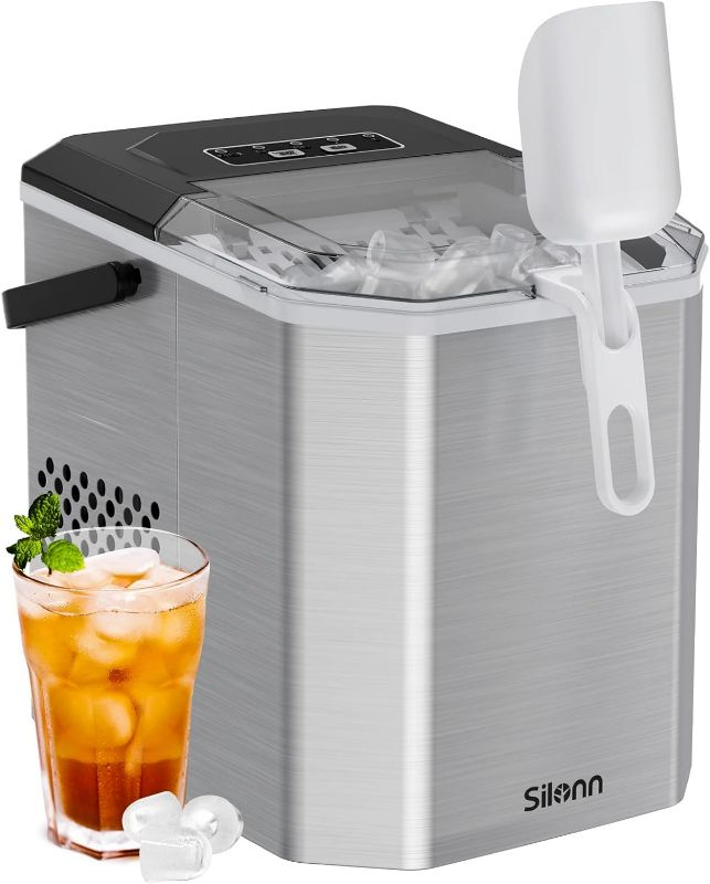 Photo 1 of Silonn Ice Maker Countertop, Stainless Steel Portable Ice Machine with Carry Handle, Self-Cleaning Ice Makers with Basket and Scoop, 9 Cubes in 6 Mins, 26 lbs per Day