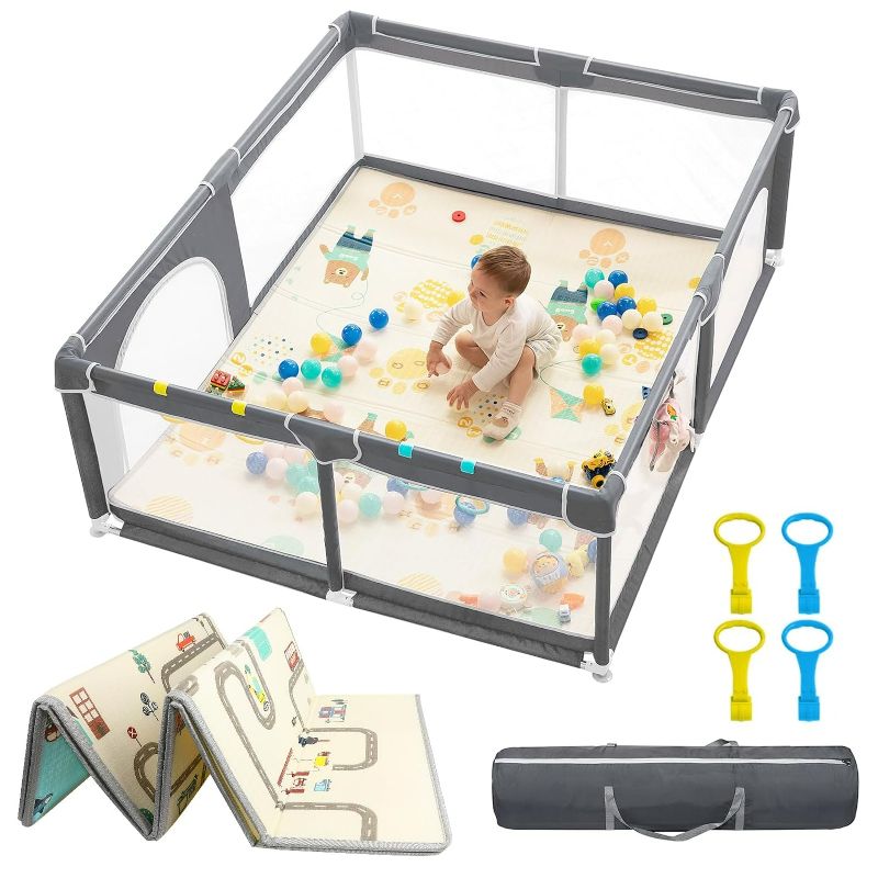 Photo 1 of dearlomum Baby Playpen with Mat 71" X 59", Extra Large Play Yard for Babies and Toddlers, Safety Baby Fence, Indoor & Outdoor Kids Activity Play Center with Anti-Slip Suckers and Zipper Gate(Grey)