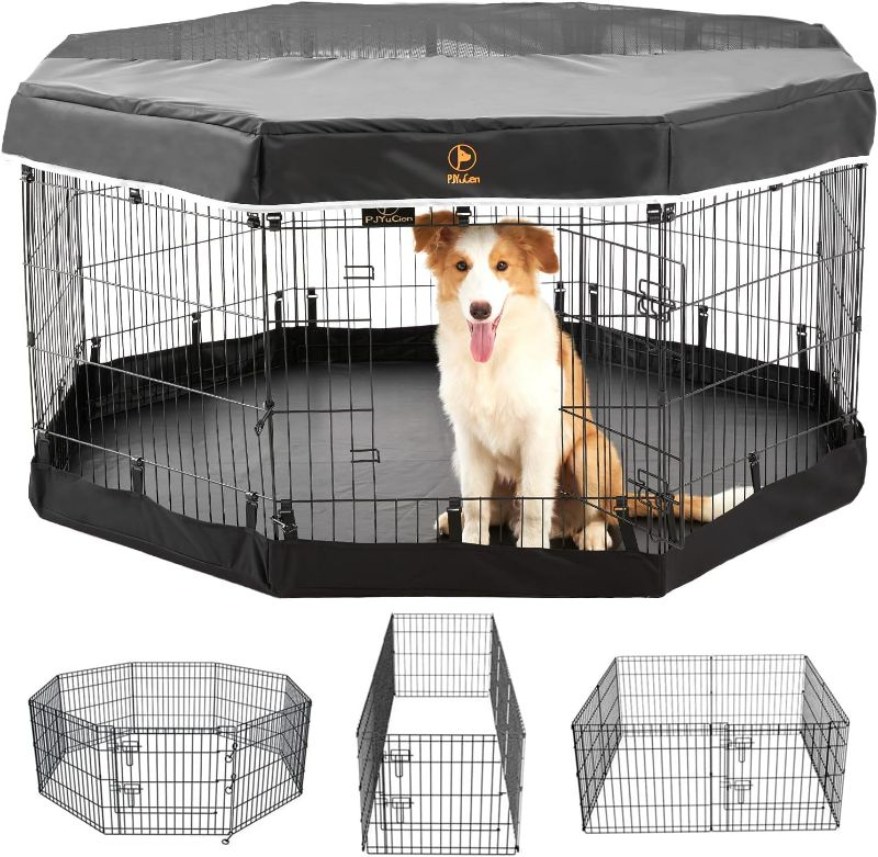 Photo 1 of PJYuCien Foldable Exercise Metal Pet Playpen with Door, Bottom Pad and Top Cover, Dog Fence, Puppy Pen, Rabbit Yard, Small Animal Kennels, Indoor/Outdoor 8 Panel 24" W x 30" H