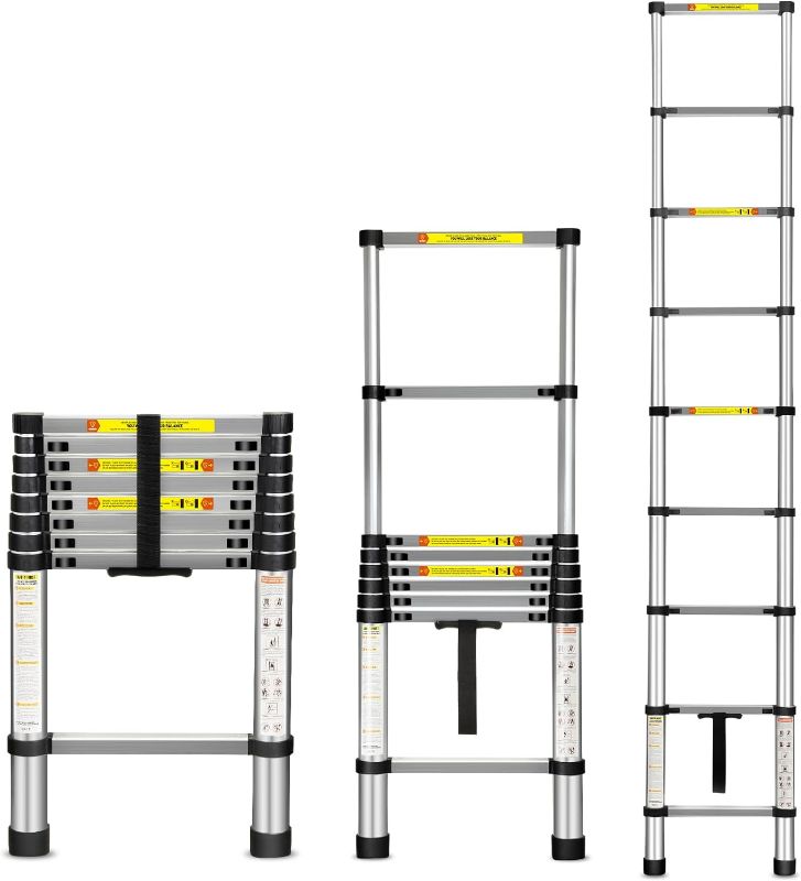 Photo 1 of Telescoping Ladder, 8.5 FT Aluminum Telescopic Extension Ladder, Multi-Purpose Design, Non-Slip Feet, Perfect for Household, Outdoor, and RV, 330lb Capacity