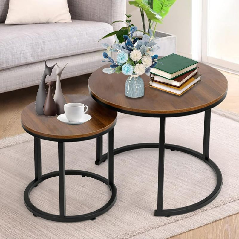 Photo 1 of Coffee Table Nesting Set of 2 Round End Table Accent Side Stacking Tables with Sturdy Metal Frame, Modern Living Room Table Sets Industrial Nightstand