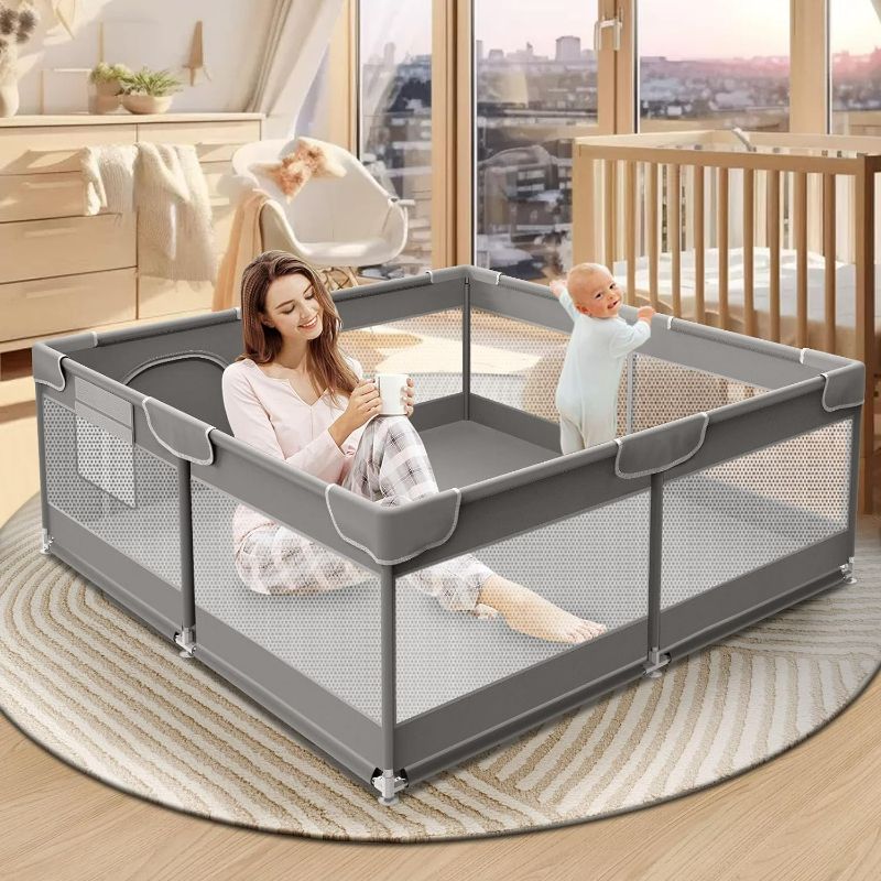 Photo 1 of Baby Playpen 50 x 50 Inch Play Pen Playards, Playpen for Babies and Toddlers, Baby Playard for Indoor & Outdoor Active Center Game Fence, with Skin-Friendly Fabric and Soft Breathable Mesh Grey