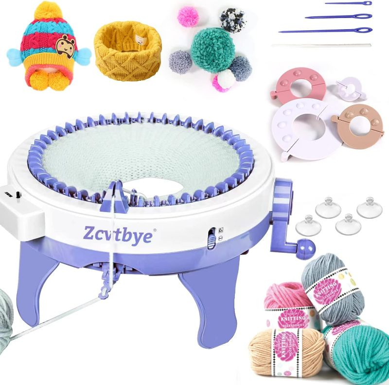 Photo 1 of BZVV Knitting Machine 48 Needles with 8 pc Pom pom Maker and Row Counter, Smart Weaving Loom Knitting Round Loom, DIY Knitting Circle Rotating Double Knitting Kit for Adults or Child, Blue…