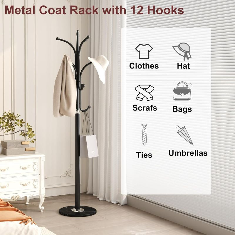 Photo 1 of HOMEFORT Metal Coat Rack Stand,Free Standing Hat Hanger with Marble Base,Hall Tree with 12 Hooks for Hanging Hat,Clothes,Bag,Entryway Storage Organizer,Black