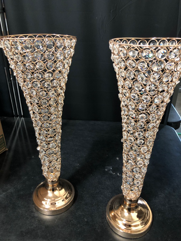 Photo 1 of Tableclothsfactory Set of 2 Tall Gold Beaded Crystals Trumpet Floral Vase Wedding Centerpiece 23" Tall