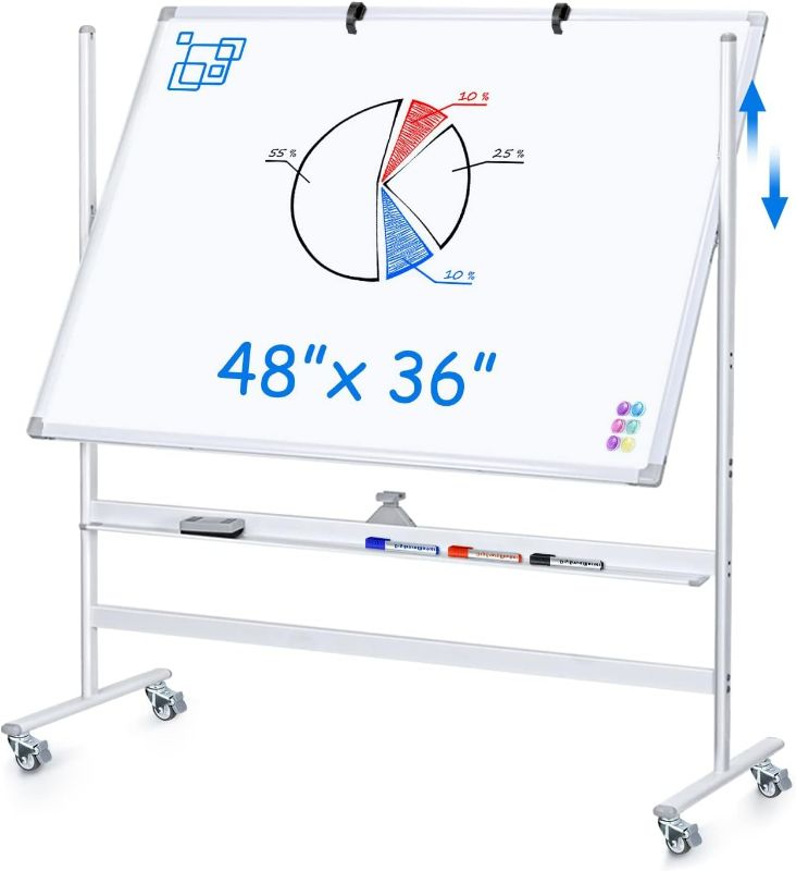 Photo 1 of Large Mobile Whiteboard Height Adjustable, maxtek 48 x 36 inches Rolling White Board Magnetic Whiteboard with Stand Double-Sided Dry Erase Board on Wheels for Home Office Classroom Schoo