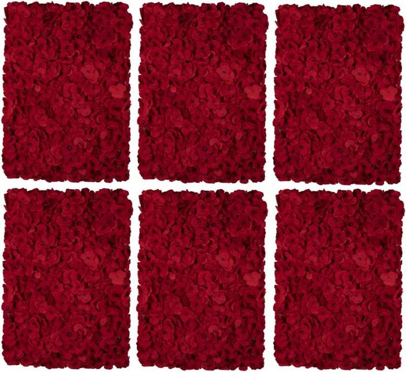 Photo 1 of Flower Wall Panel Floral Backdrop - 6 Pcs Red Flower Wall Decor, Fake Flower Wall Backdrop, 3D Artificial Flowers for Wall, Silk Faux Hydrangea Floral Wall for Wedding, Party, Nursery, Bridal Shower