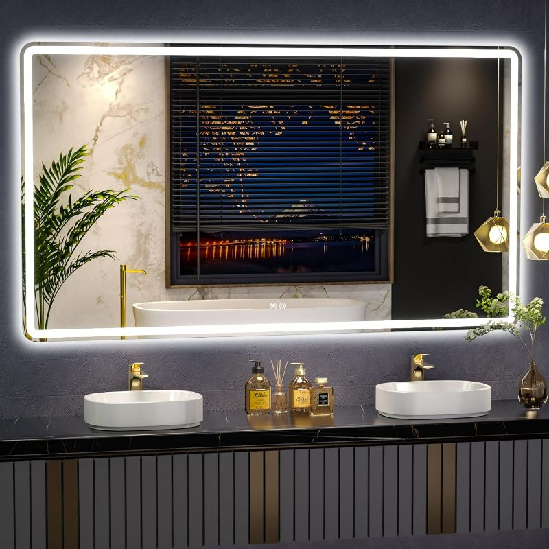 Photo 1 of 40x26inch LED Bathroom Mirror Rounded Corner Rectangle Frameless, 3 Colors Lighted & Stepless Dimmable Vanity-Mirror-with-Lights, Anti-Fog, Horizontal/Vertical Hanging Wall Mirror