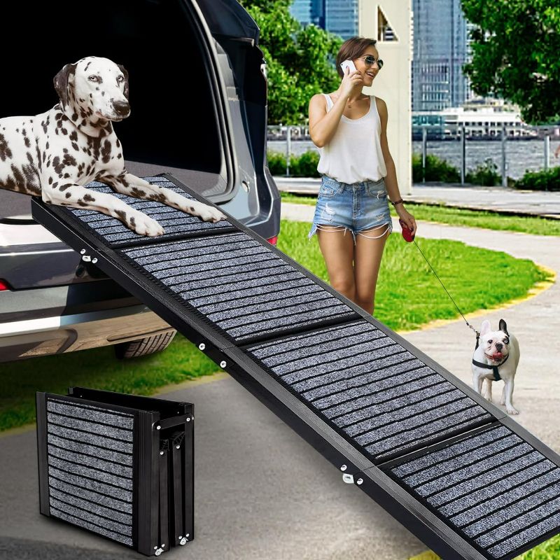 Photo 1 of Folding Dog Car Ramp for Medium & Large Dogs, Portable Pet Stair Ramp with Non-Slip Rug Surface, 62" Long & 17" Extra Wide Dog Steps for Large Dogs Up to 200LBS Enter a Car, SUV & Truck