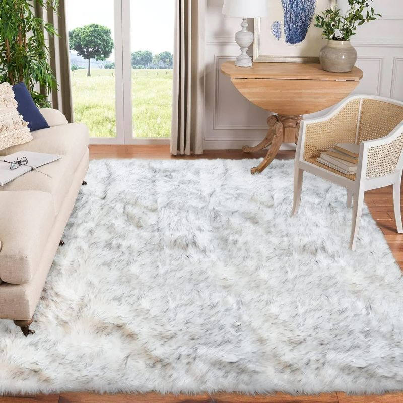 Photo 1 of 8x10 Area Rugs for Living Room White and Grey Tips Faux Fur Rug for Living Room Fluffy Fuzzy Sheepskin Rug for Bedroom Dorm Large Plush Rug Home Decor, Rectangle