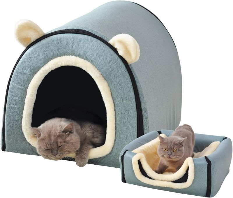 Photo 1 of Dog Bed or Cat Bed,2 Ways to Use,Indoor Pet House with Fluffy Mat,Removable and Washable Cover,Splash-Proof House and Non-Slip Bottom,for Cats and Small Dogs(M Light Blue Faux Leather)