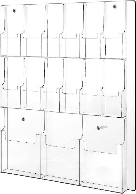 Photo 1 of Weysat Acrylic Brochure Holder Wall Mount Plastic Magazine Display Clear Literature Rack Acrylic Pamphlet Holder Wall Mount Flyer Brochure Organizer(3 Magazine Pockets, 12 Pamphlet Pockets)