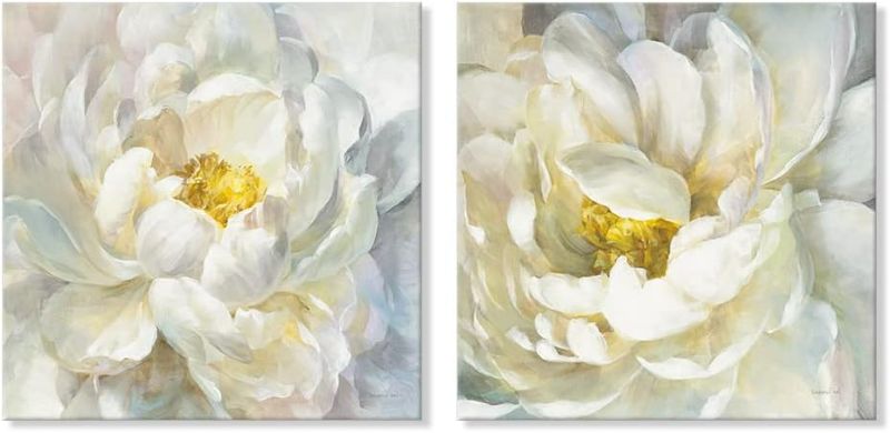 Photo 1 of SEVEN WALL ARTS Peony Flower Canvas Wall Art Peonies Floral Pictures Set Abstract White and Yellow Blossom Paintings for Bedroom Living Room Home Office Decor 24"x24"x2pcs