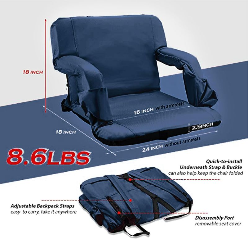 Photo 1 of Stadium Seats for Bleachers with Back Support and Thick Padded Cushion,24" Extra Wide Portable Reclining Folding Chair with Optional Arms, 4 Pockets and Shoulder Straps,Big Size,Dark Blue