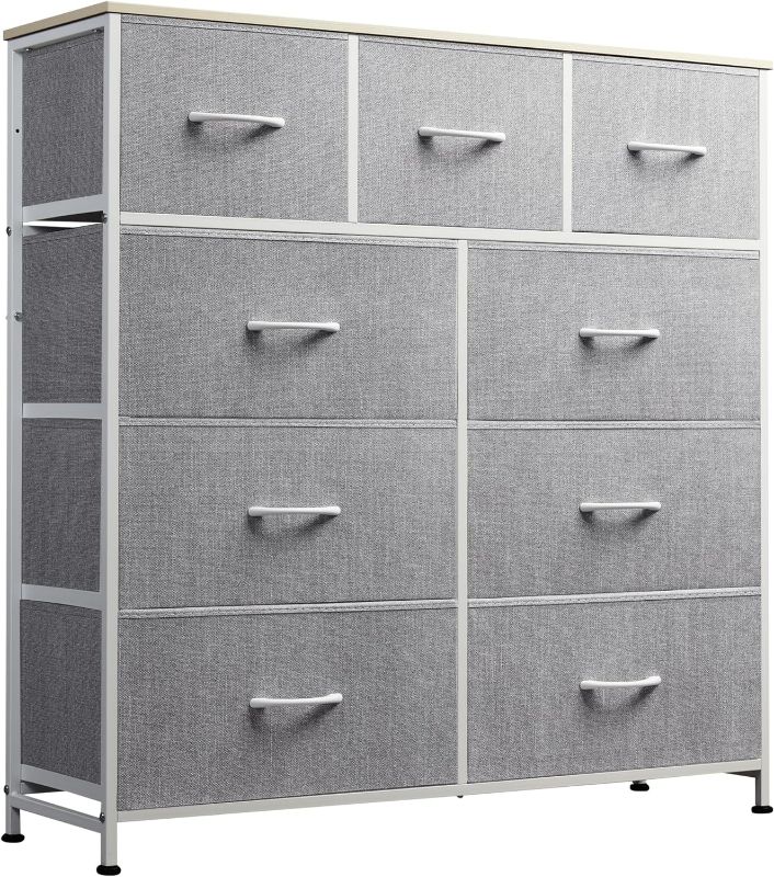 Photo 1 of WLIVE 9-Drawer Dresser, Fabric Storage Tower for Bedroom, Hallway, Closet, Tall Chest Organizer Unit for Bedroom with Fabric Bins, Steel Frame, Wood Top, Easy Pull Handle, Light Grey