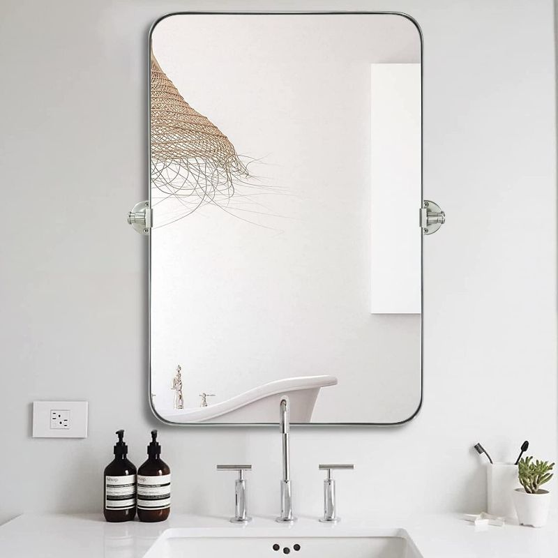 Photo 1 of 24x36 Brushed Nickel Metal Framed Rectangular Pivoting Bathroom Mirror, Tilting Rounded Rectangle Vanity Mirror for Wall Mount