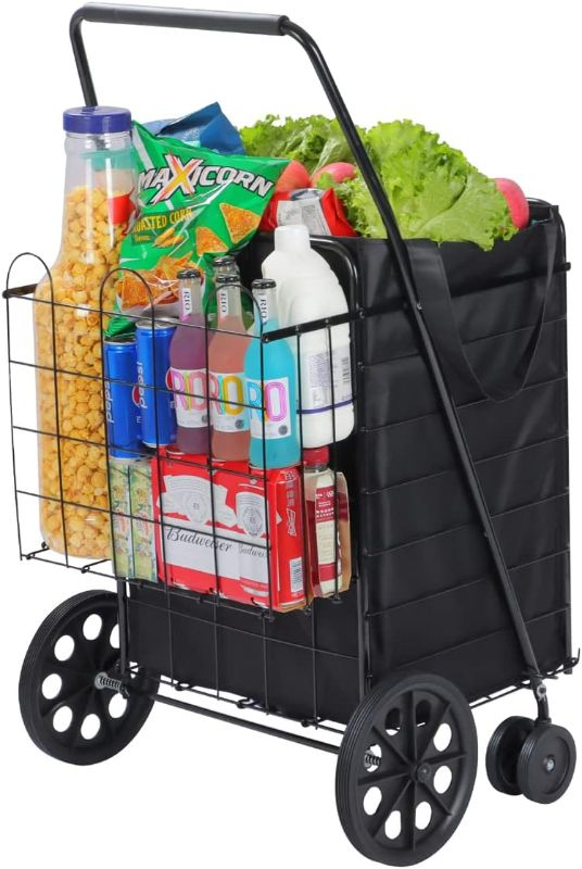Photo 1 of Upgraded Shopping Cart w/ 360° Swivel Wheels & Waterproof Basket Liner for Groceries, Shopping Laundry - Foldable Collapsible & Lightweight - Extra Large Heavy Duty Utility Cart - Black