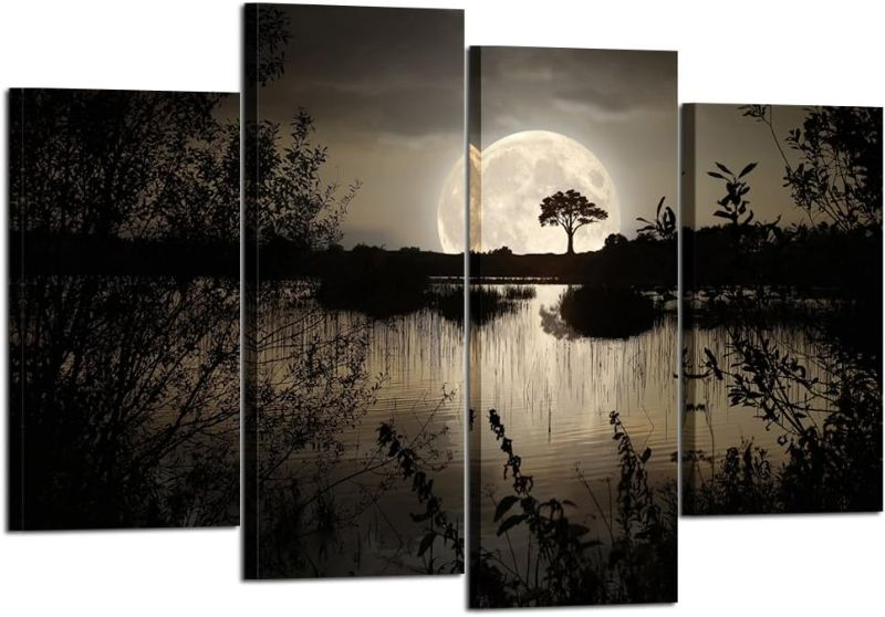 Photo 1 of KREATIVE ARTS - 4 Pieces Canvas Prints Wall Art Big Moon over Lake in Dark Forest Modern Canvas Painting Landscape Picture Peaceful Jungle Poster Giclee Artwork For Home Decor