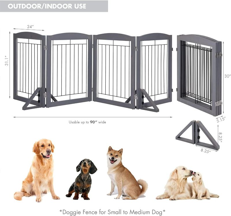 Photo 1 of PAWLAND Extra Wide Outdoor Dog Gate for The Doorway, Stairs, House, Solid Wood Pet Gate Indoor, Freestanding Foldable Gates for Dogs, Support Feet Included, 96 in Wide 30 in Tall, 4 Panels (Gray)