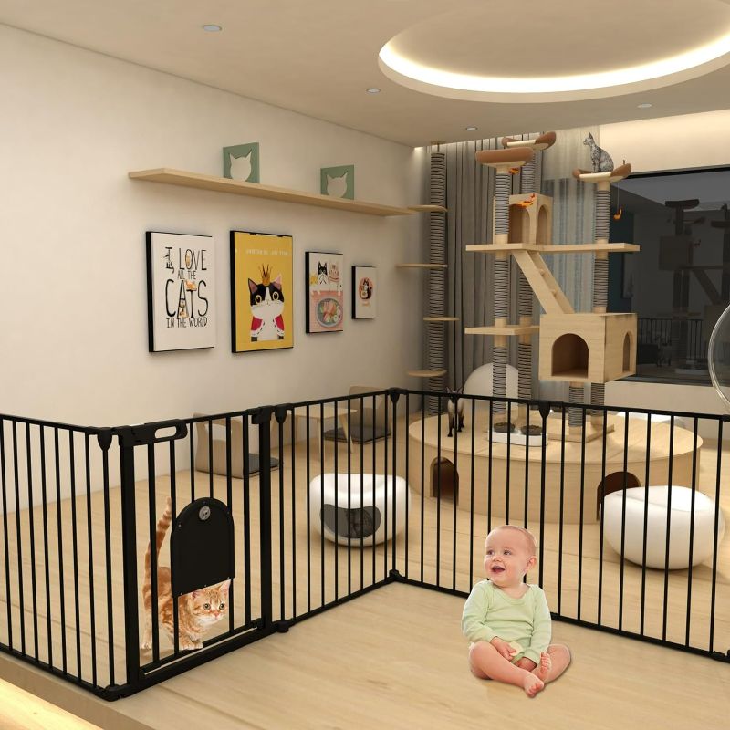 Photo 1 of 192" Extra Wide Baby Gate with Cat Door, Foldable Dog Gate Pet Gate for House Stairs Doorways Fireplace, 3 in 1 Baby Gate Play Yard Dog Playpen Hardware Mounted (30" Tall, Black)