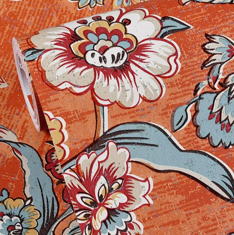 Photo 1 of Moyishi Vintage Floral Flower Paper Peel & Stick Shelf Liner Dresser Drawer Sticker 17.7''x78.7'' (Orange)