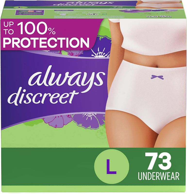Photo 1 of Always Discreet Incontinence & Postpartum Incontinence Underwear for Women, Large, Maximum Protection, Disposable, 73 Count