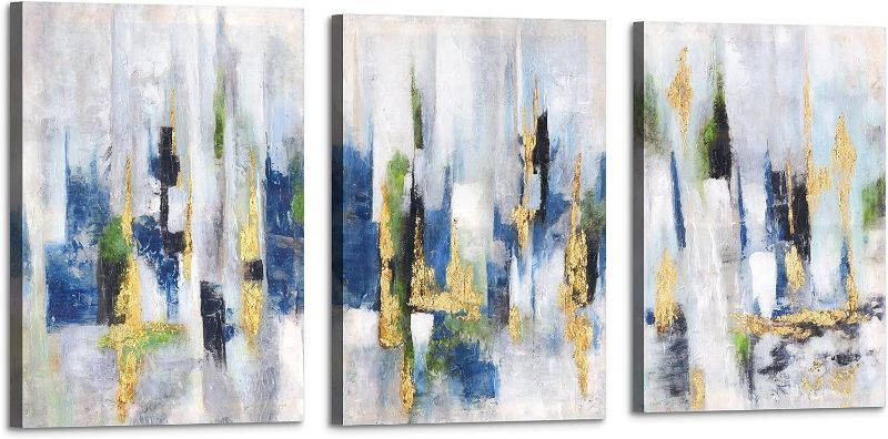 Photo 1 of Yuegit Wall Art for Living Room Large Size : 3 Piece Blue and Gold Abstract Wall Art for Bedroom Bathroom,Wall Art for Office Ready To Hang 16X26 Inch Each