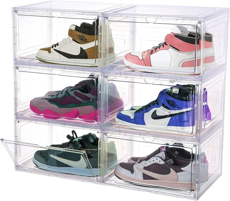 Photo 1 of 6 Pack Clear Shoe Boxes Plastic Stackable, Shoe Containers Shoe Storage Organizer Box for Closet with Magnetic Door, Sneaker Storage, Easy to Assemble, Fit up to US Size 13