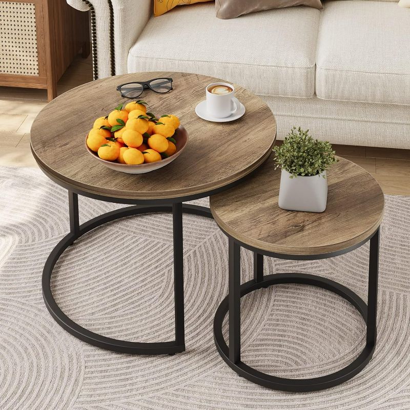 Photo 1 of Nesting Coffee Table Set of 2, 23.6" Round Coffee Table Wood Grain Top with Adjustable Non-Slip Feet, Industrial End Table Side Tables for Living Room Bedroom Balcony Yard