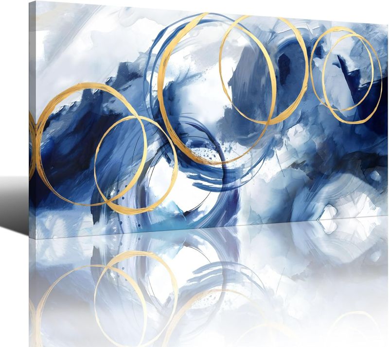 Photo 1 of AJAZIKO Blue Abstract Wall Art Modern Art Wall Decor Artwork For Walls Living Room Large Painting Size 20x40 Office Pictures For Wall Navy Gold Contempor Decorations For Bedroom