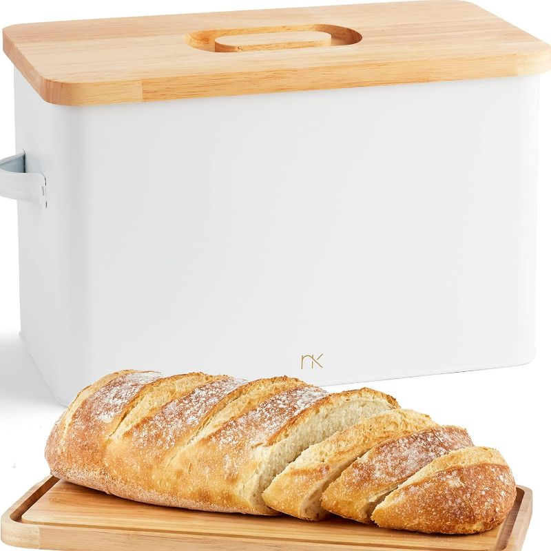 Photo 1 of Norkin Large Bread Box with Cutting Board Lid, 13.5” x 7.5” x 9” , Holds 2+ Loaves, Breadbox for Kitchen Countertop, Air Vents to Keep Bread Fresh, Farmhouse Bread Saver Box, Homemade Bread Storage