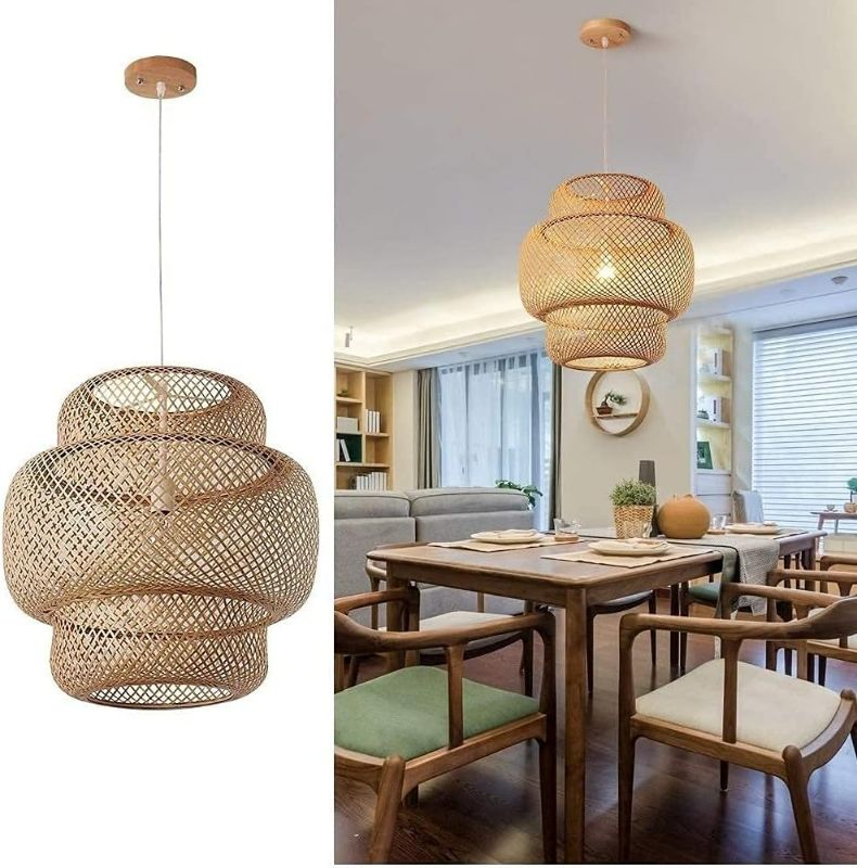Photo 1 of Hand-Woven Bamboo Pendant Light Battery Operated Light?Rattan Handwoven Battery Powered Pendant Lamp?Natural Chandeliers Woven Light?1 Light Hanging Light for Kitchen Farmhouse (Color : Natural)