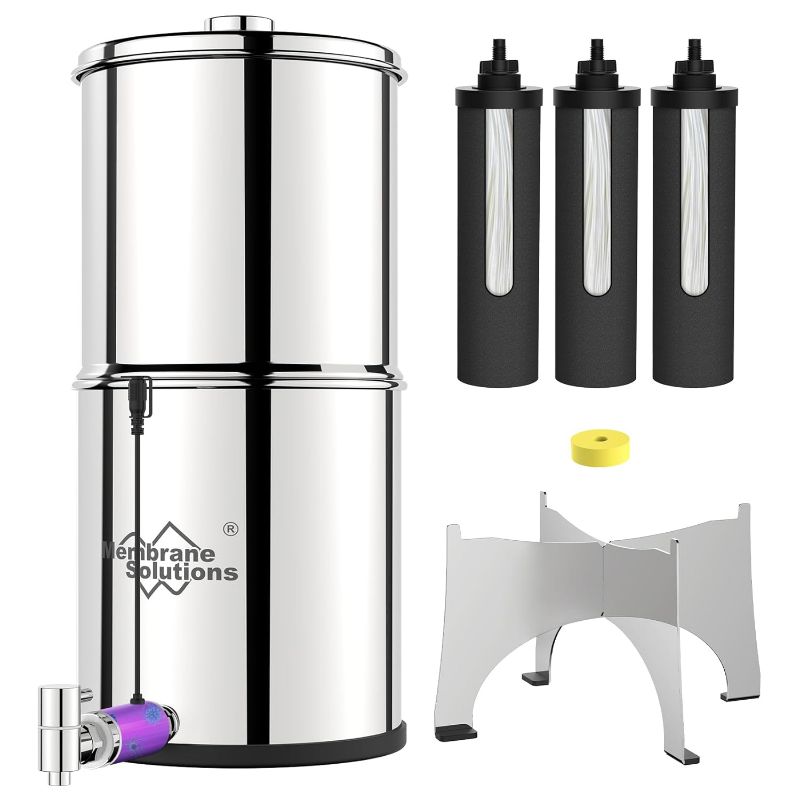 Photo 1 of Membrane Solutions UV Countertop Water Filtration System, Stainless Steel 2.25G Gravity Water Filter with 3 Pack 0.1-Micron UF Filters, for Home, Camping, and RVing (U3P)