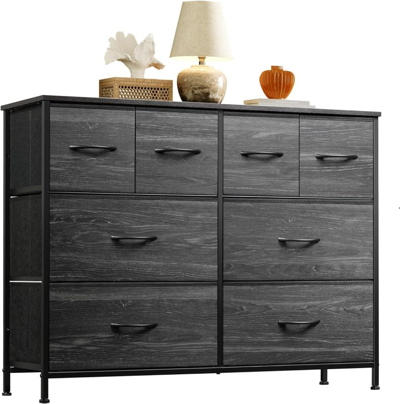 Photo 1 of WLIVE Dresser for Bedroom with 8 Drawers, Wide Fabric Dresser for Storage and Organization, Bedroom Dresser, Chest of Drawers for Living Room, Closet, Hallway, Charcoal Black Wood Grain Print