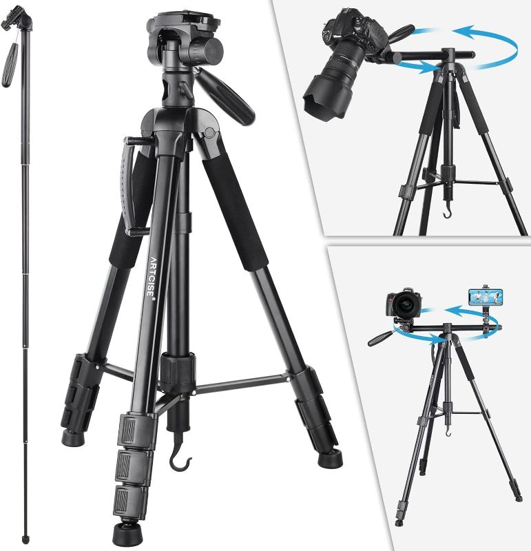 Photo 1 of 70” Camera Tripod Monopod Horizontal Tripod 3-in-1 Multifunctional Tripod Lightweight Aluminum Tripod with 360° Adjustable Ball Head and Two Phone Holder Mount for DSLR Camera Cell Phone and DV Video